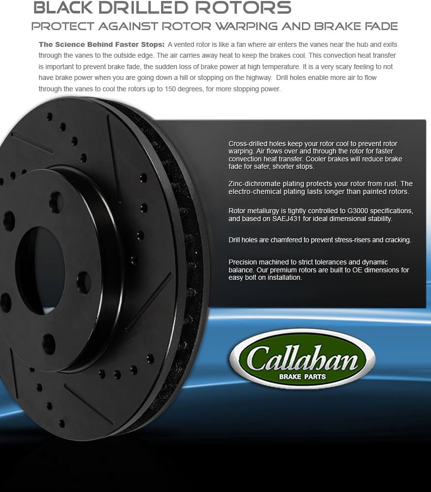 Black Drilled Slotted Brake Disc Rotors + Metallic Brake Pads A3511