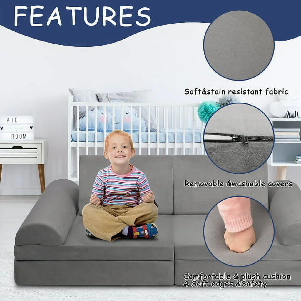 6 Pcs Modular Sectional Kids Play Couch Navy Blue N59562