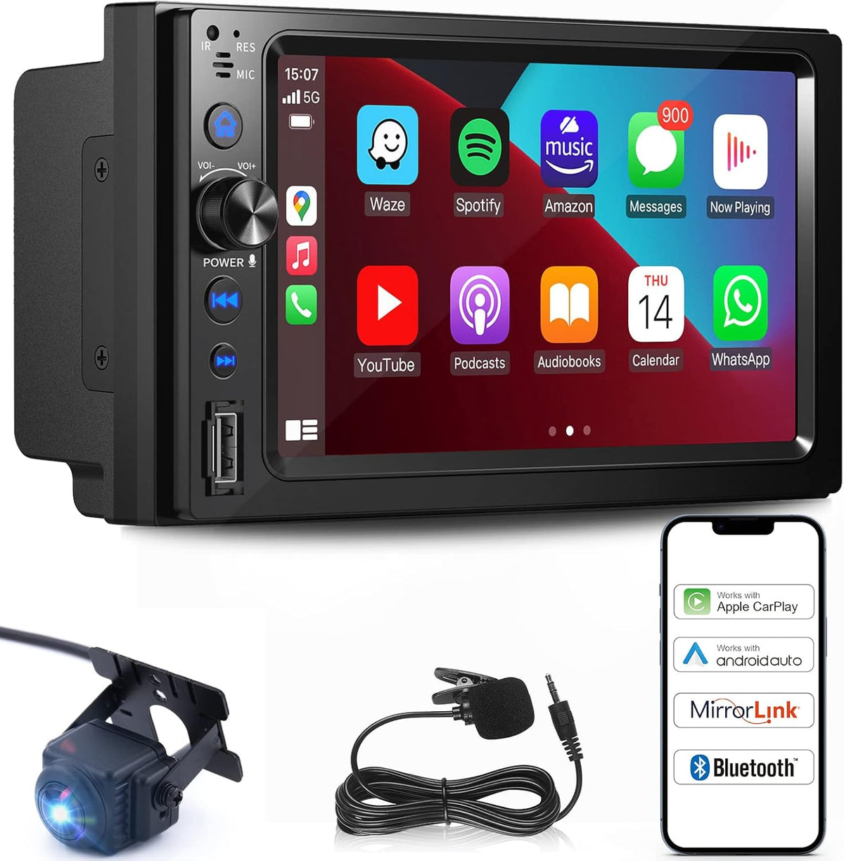 7'' Touch Screen Car Stereo with Wireless Carplay, Android Auto and MirrorLink C653