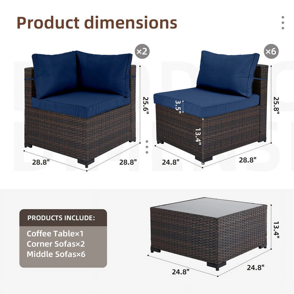9 Piece PE Rattan Patio Furniture Set with Cushion and Glass Table T94074