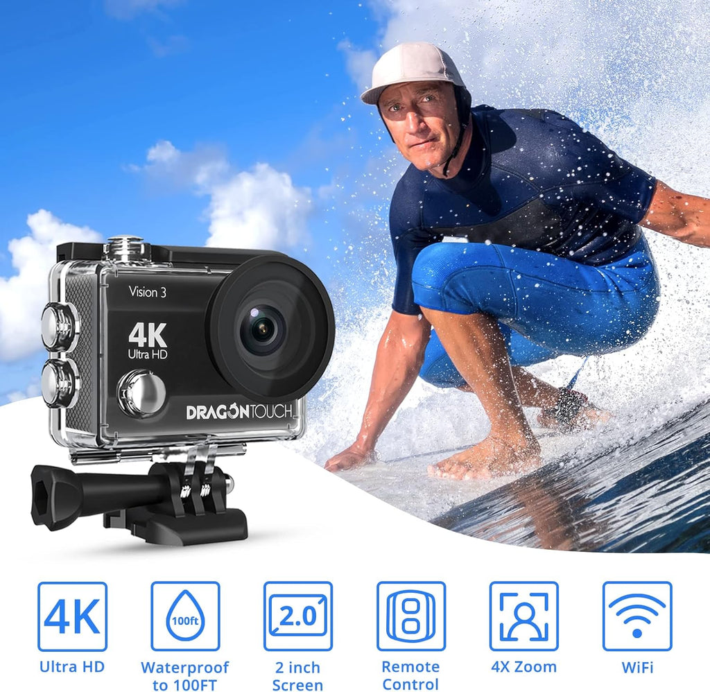 4K Action Camera 16MP Ultra HD Waterproof 170° Wide Angle 4X Zoom Sports Camcorder with Remote Control 2 Batteries Helmet Accessories Pack of 2 G3511