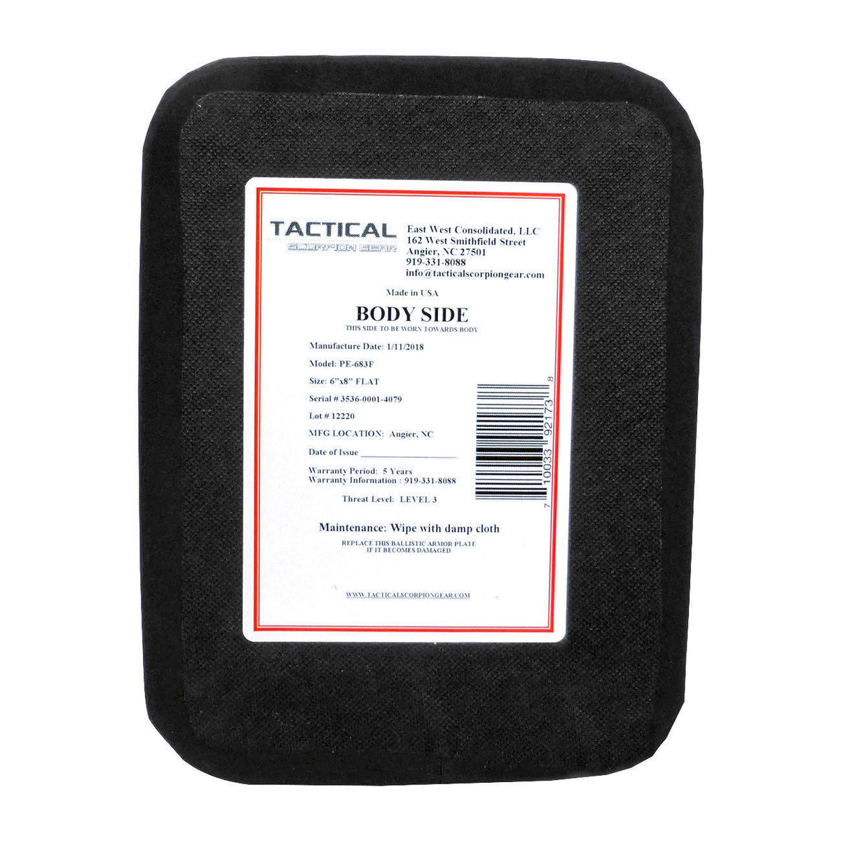 Level III+ PE Polyethylene Flat Body Armor 6x8 M7468