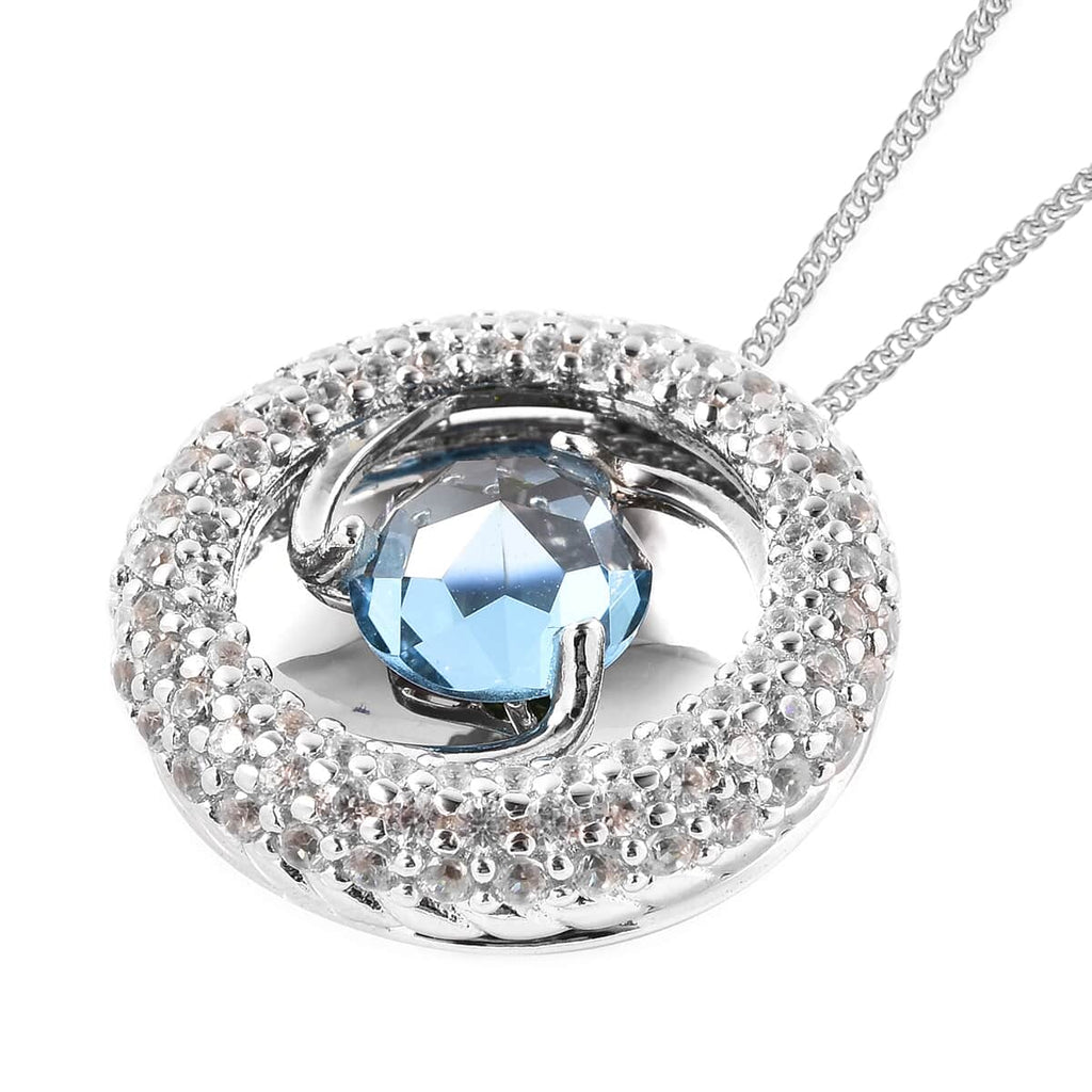 Blue Topaz Red Garnet 925 Sterling Silver Rhodium Plated Pendant Necklace R374