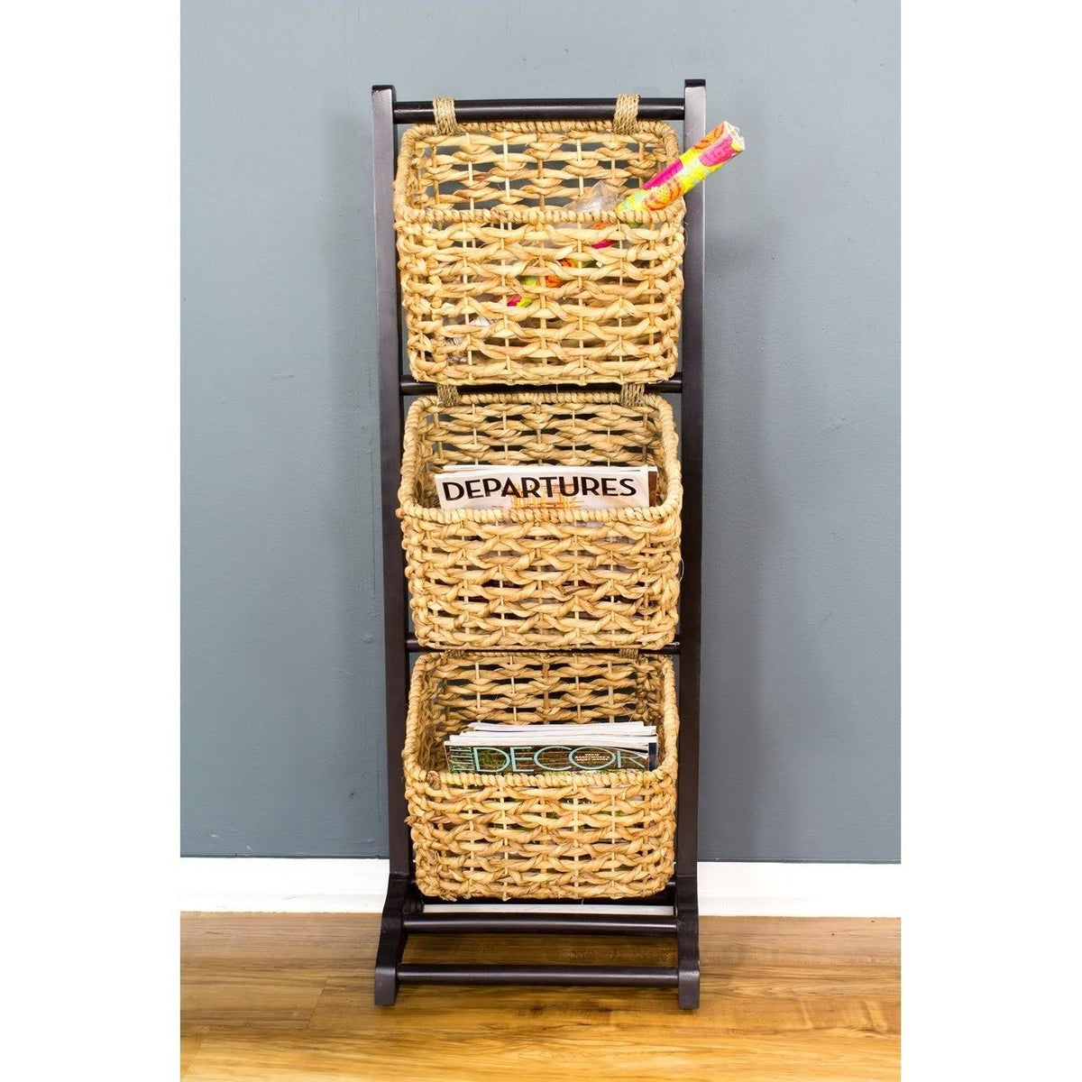 3-Tier Magazine Rack with 3 Hyacinth Storage Baskets Q535912