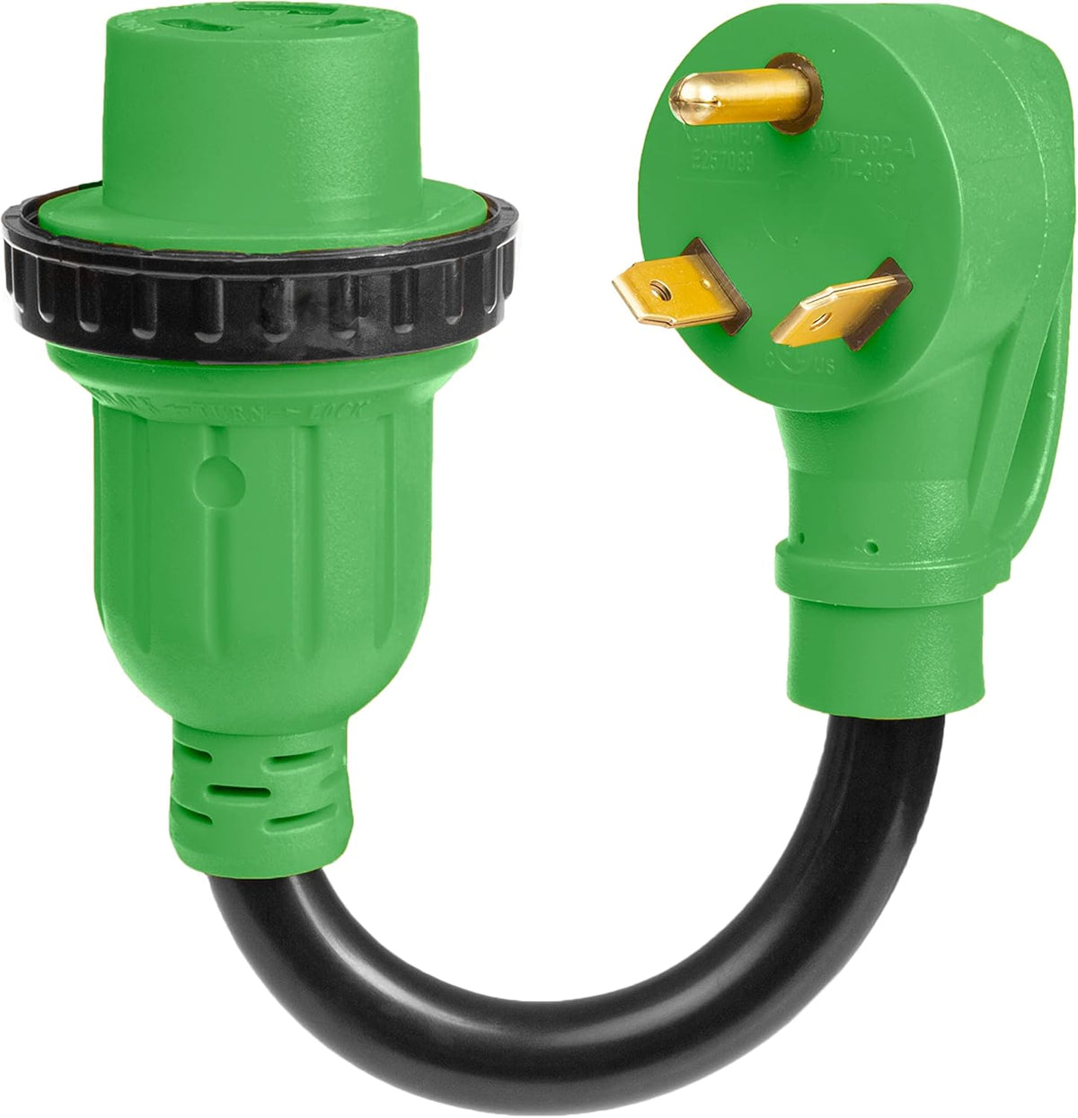 30 Amp Locking RV Adapter Electrical Power Cord, 12 Inch 10/3 STW L5-30P to TT-30R, Yellow and Black Pack of 2 V696