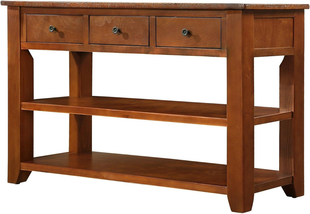Long Console Table with 3 Storage Drawers and Double Bottom Open Shelves, 50" W x 16" D x 30" H, Brown S490210