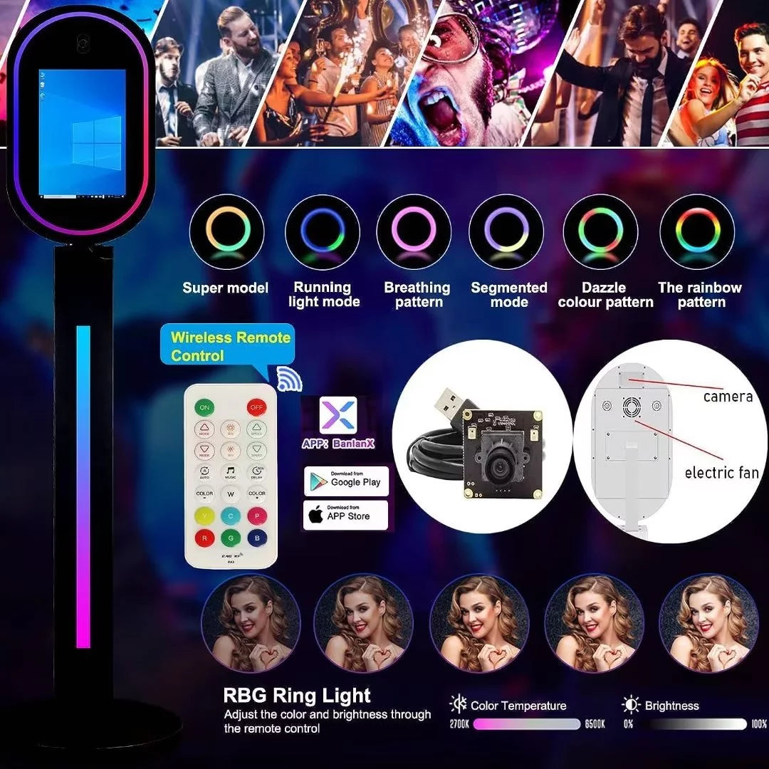 Black 13.3 In Portable Touch Mirror Photo Booth with Ring Light and Flight Case N406