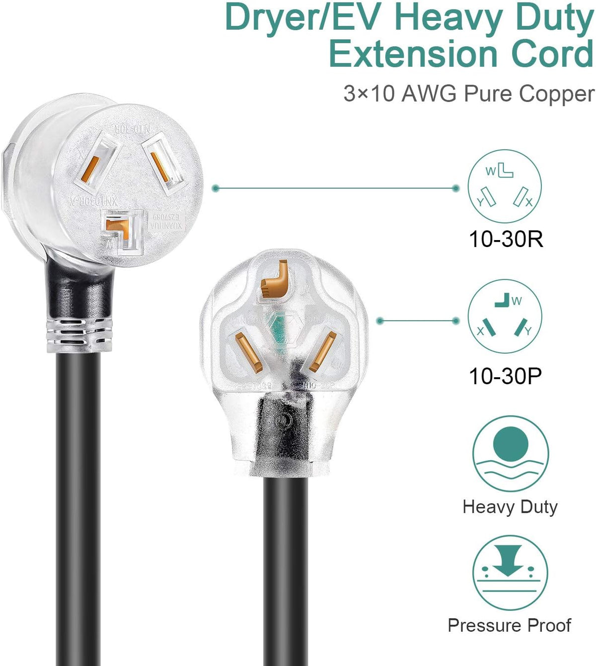 Dryer Extension Cord 3 Prong, 30 Amp, NEMA 10-30P to 10-30R, 125V/250V, 50 Feet H41404