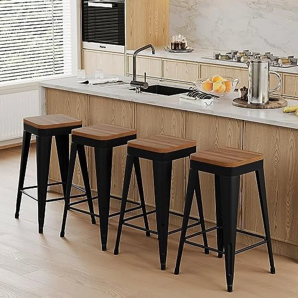 Set of 4 Metal Counter Height Stools with Back and Wooden Seat V556