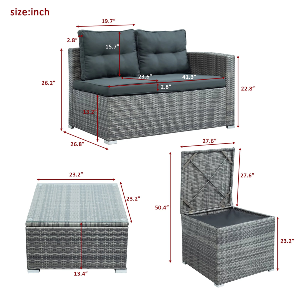 4 Pieces Patio Wicker Sofa Set with Cushions and Coffee Table X224