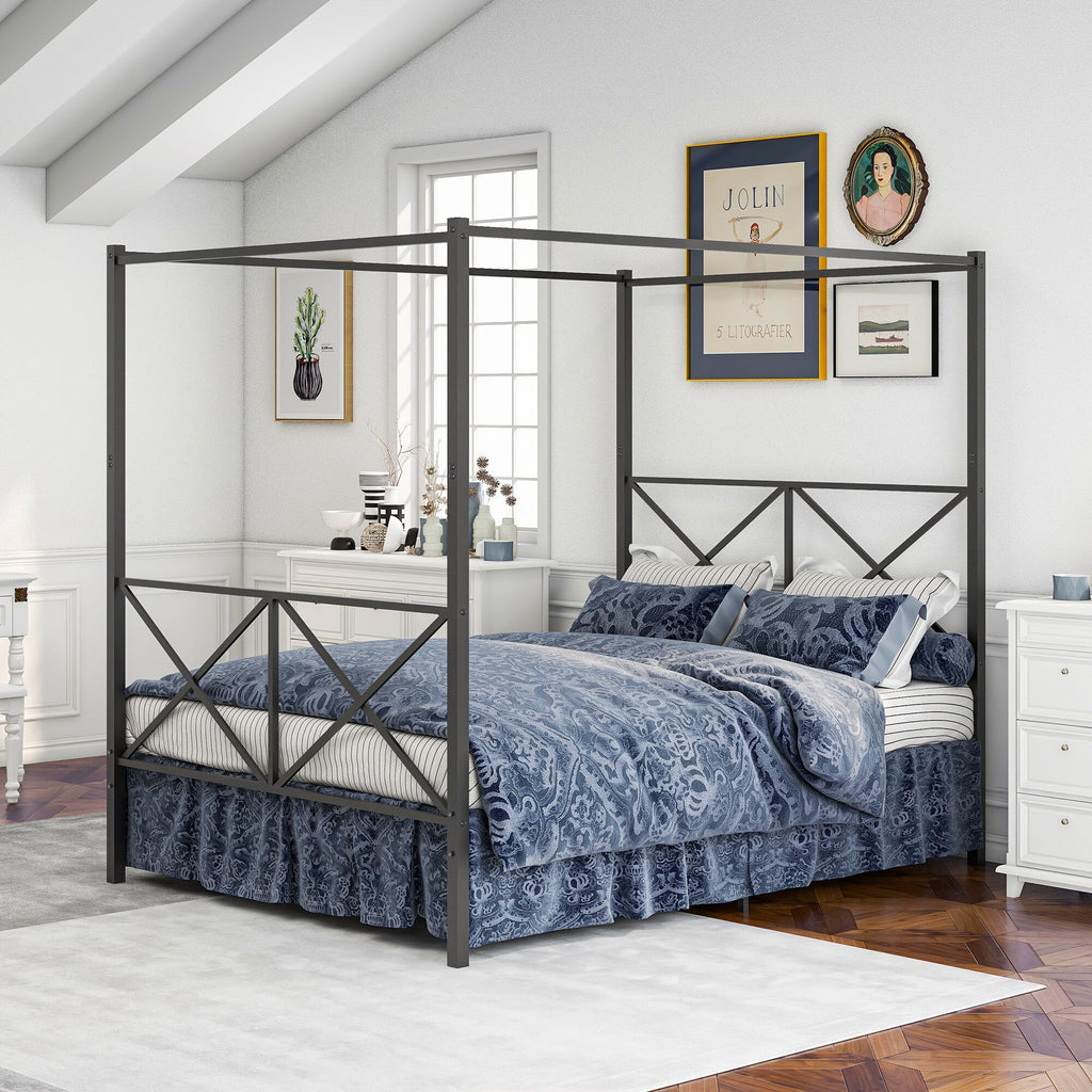 Queen Black Metal Canopy Platform Bed Frame P222398