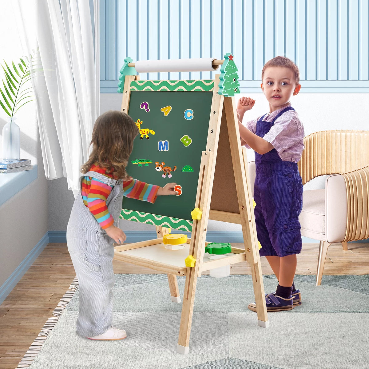 Double-Sided Whiteboard & Chalkboard Kids Easel with Paper Roll K690707