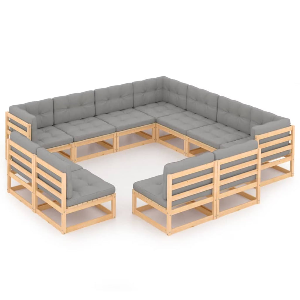 11 Piece Patio Lounge Set with Gray Cushion Pinewood Sectional Outdoor Furniture Set I407615