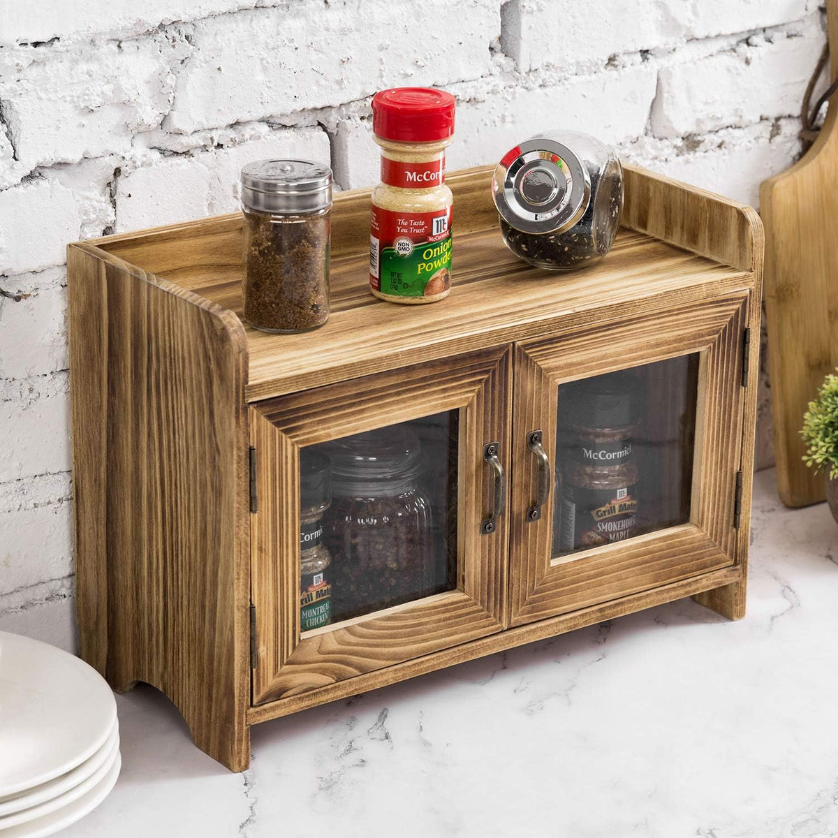 Dark Brown Wood Counter Top Storage Cabinet with Glass Windows S284