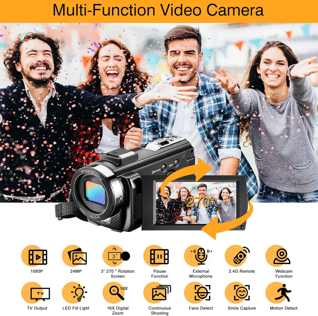 FHD 1080P 30FPS 24MP 3.0 Inch 270° Rotation Screen Video Camera Camcorder with Microphone, Remote Control, 2 Batteries X548