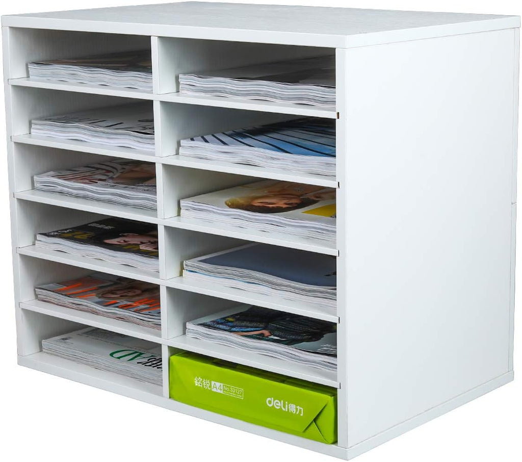 12 Compartments Black White Wood Desktop Literature Organizer E850