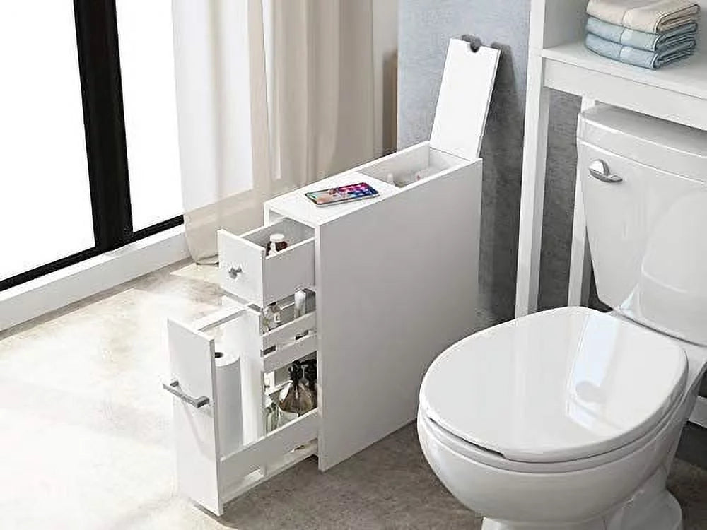 White Slim Bathroom Storage Cabinet with Toilet Paper Holder and Slide Out Drawer J30337