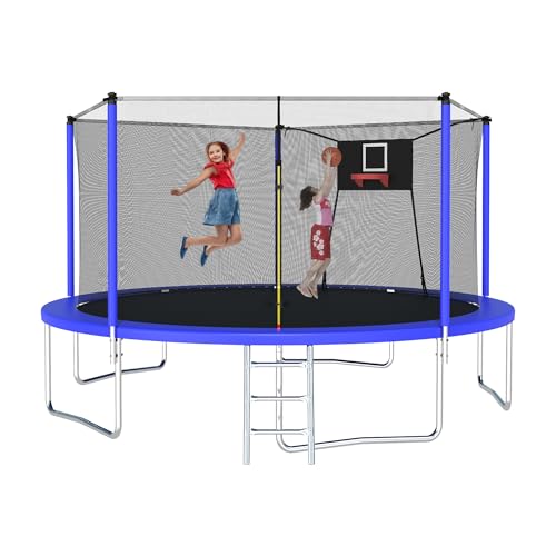 12FT 14FT 15FT 16FT Trampoline with Basketball Hoop, Ladder and Safety Enclosure Net G27864