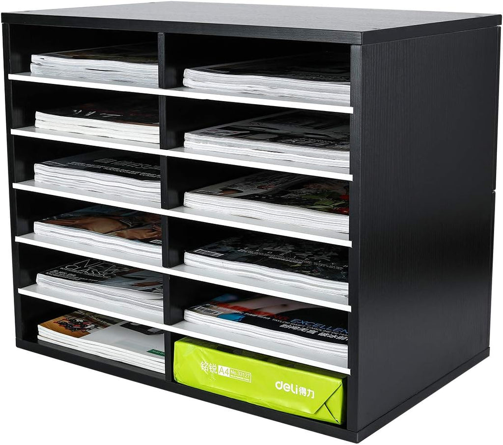 12 Compartments Black White Wood Desktop Literature Organizer E850