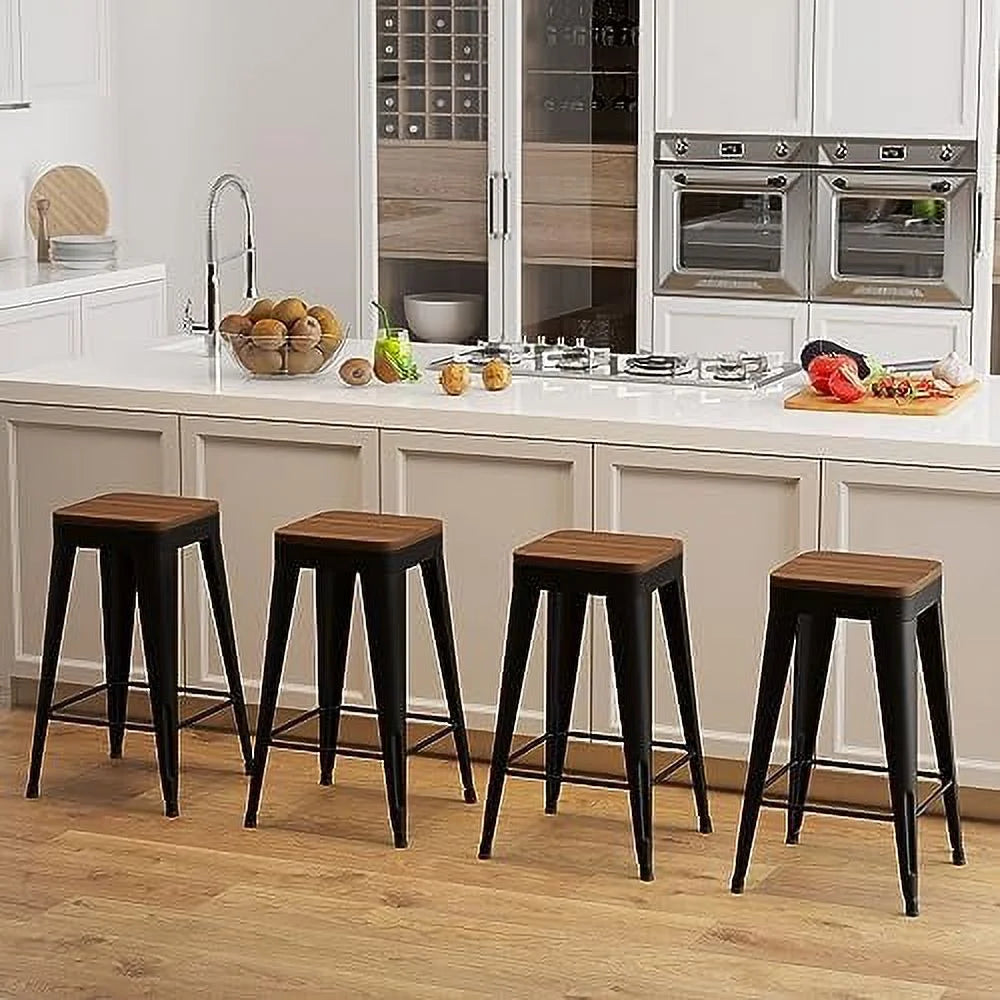 Set of 4 Metal Counter Height Stools with Back and Wooden Seat V556