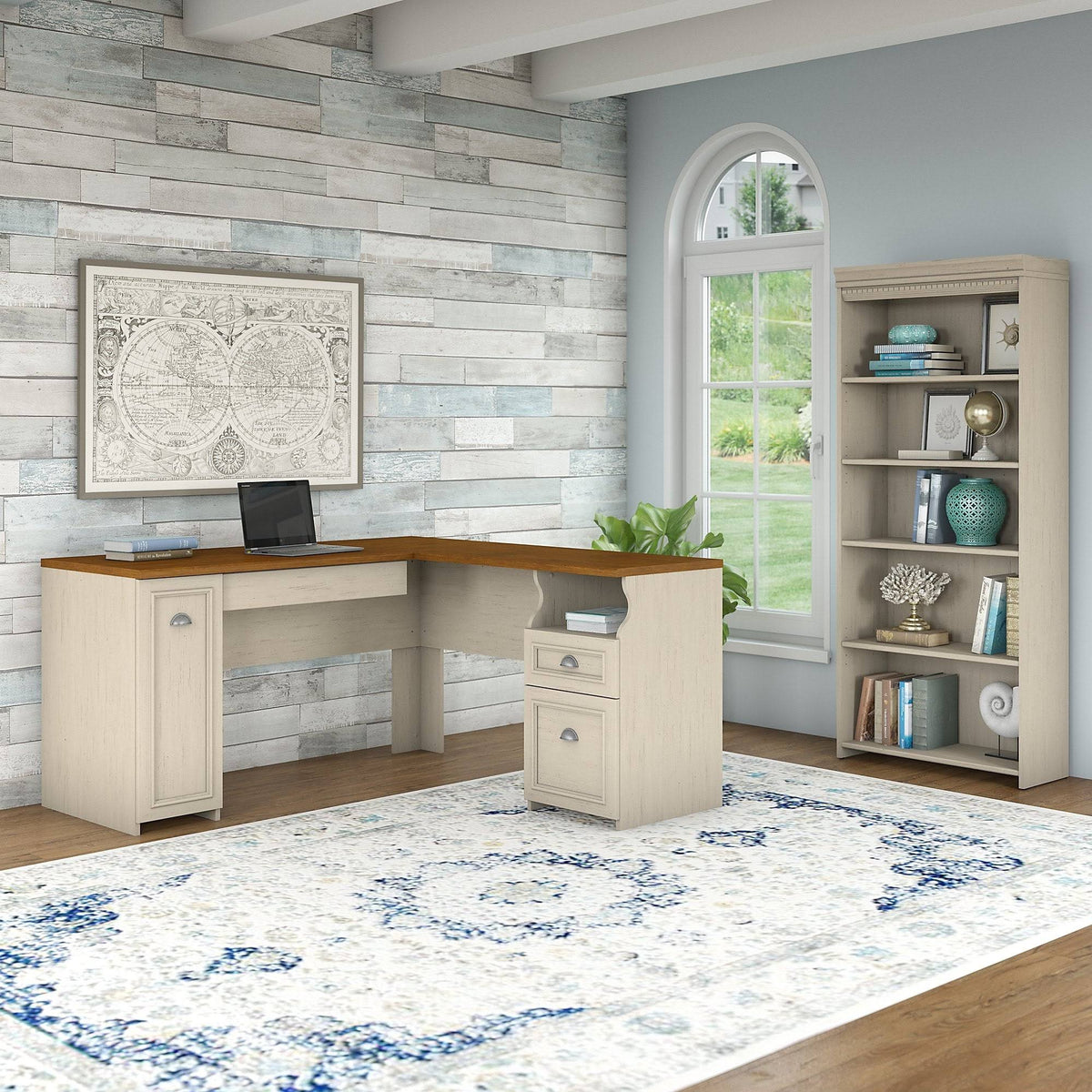 Antique White L-Shaped Desk and 5-Shelf Bookcase A285