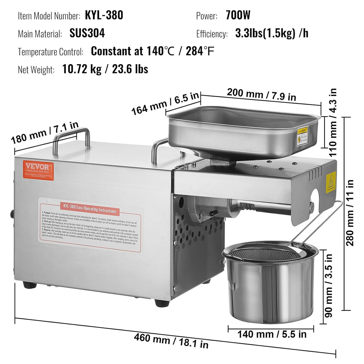 700W Stainless Steel Electric Oil Press Machine D4284