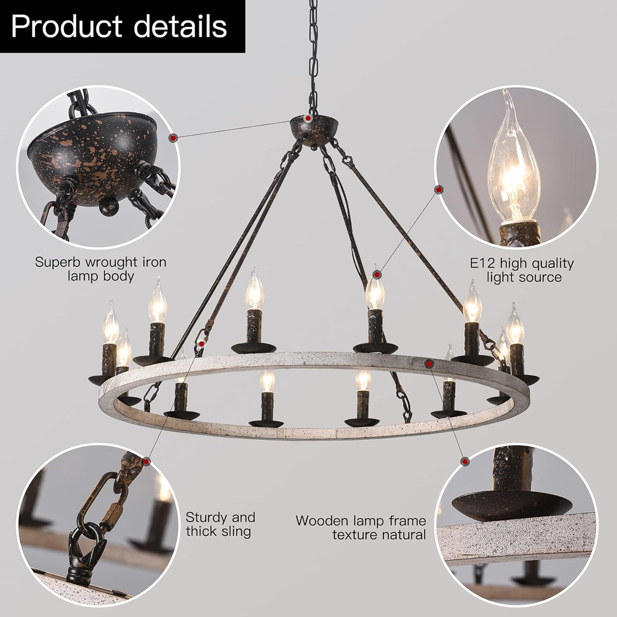 12-Lights Farmhouse Wagon Wheel Chandelier U6136