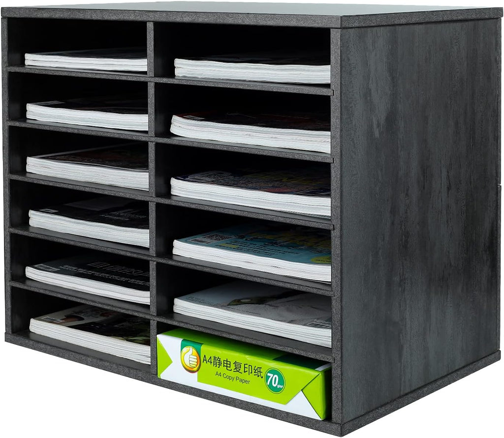 12 Compartments Black White Wood Desktop Literature Organizer E850