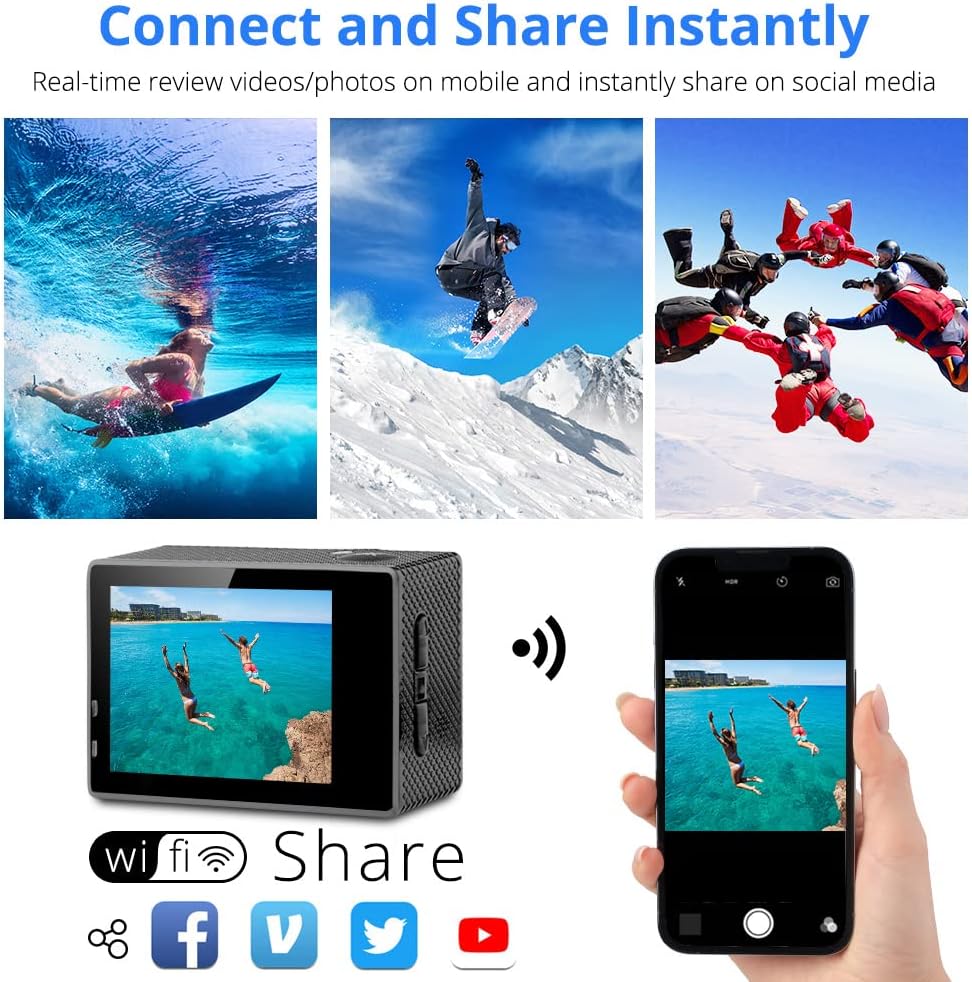 4K Action Camera 16MP Ultra HD Waterproof 170° Wide Angle 4X Zoom Sports Camcorder with Remote Control 2 Batteries Helmet Accessories Pack of 2 G3511