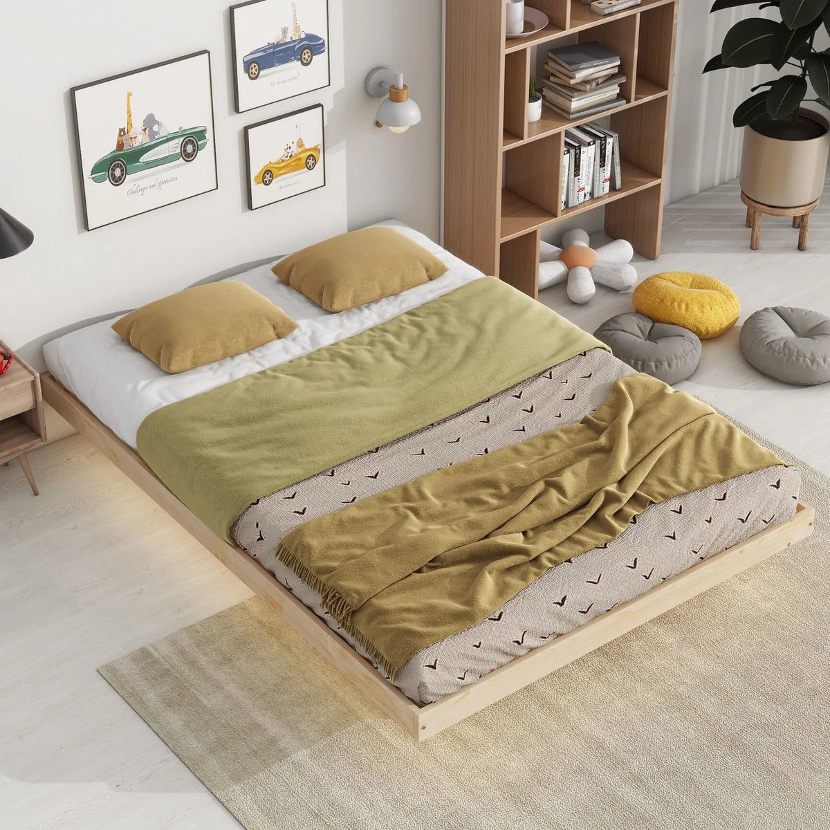 Full Size Grey Pinewood Floating Platform Bed with LED Lights X26070