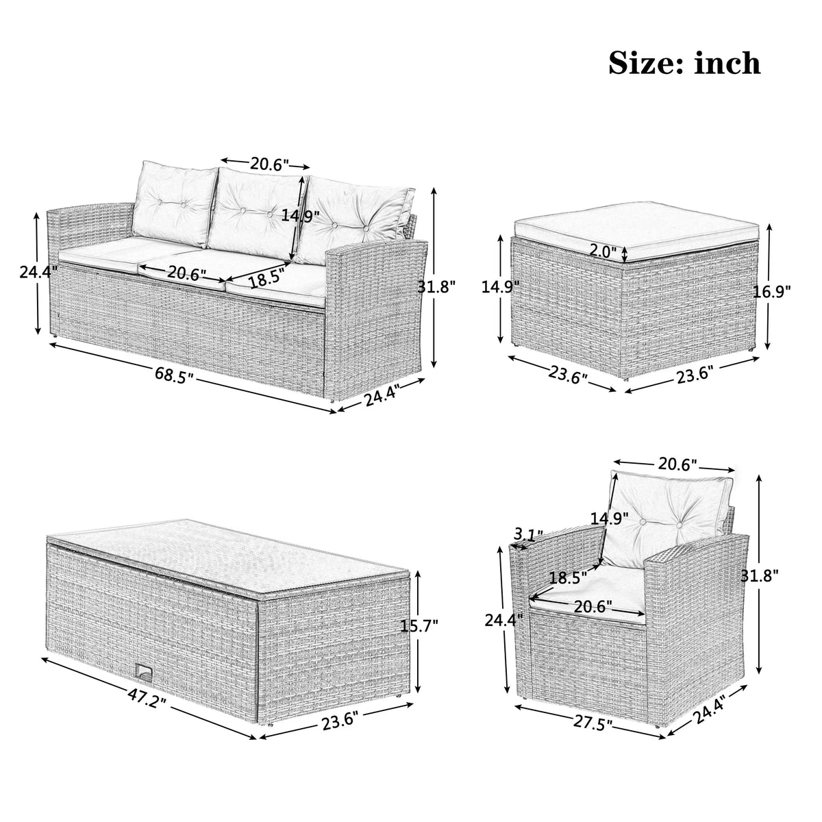 6Pcs All-Weather Wicker PE Rattan Patio Sectional Set with Coffee Table O517133