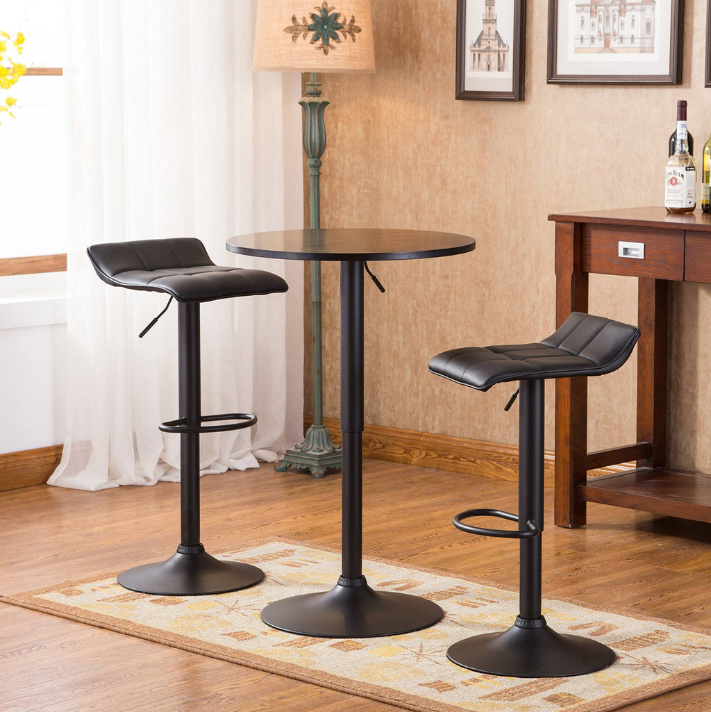 Black Round Top Adjustable Height Bar Table with 2 Swivel Bonded Leather Bar Stools J8131