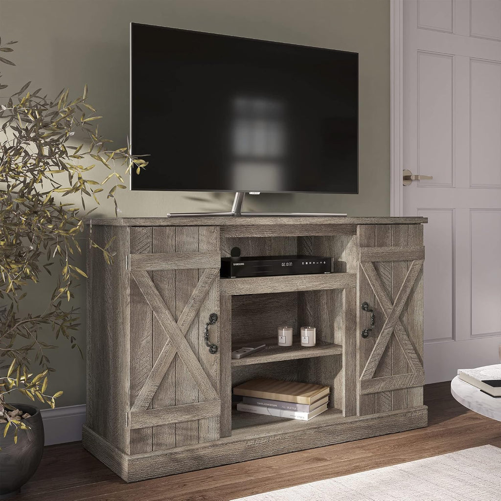 Rustic Wood TV Stand & Media Console Table with Storage Shelves & Cabinets W8308
