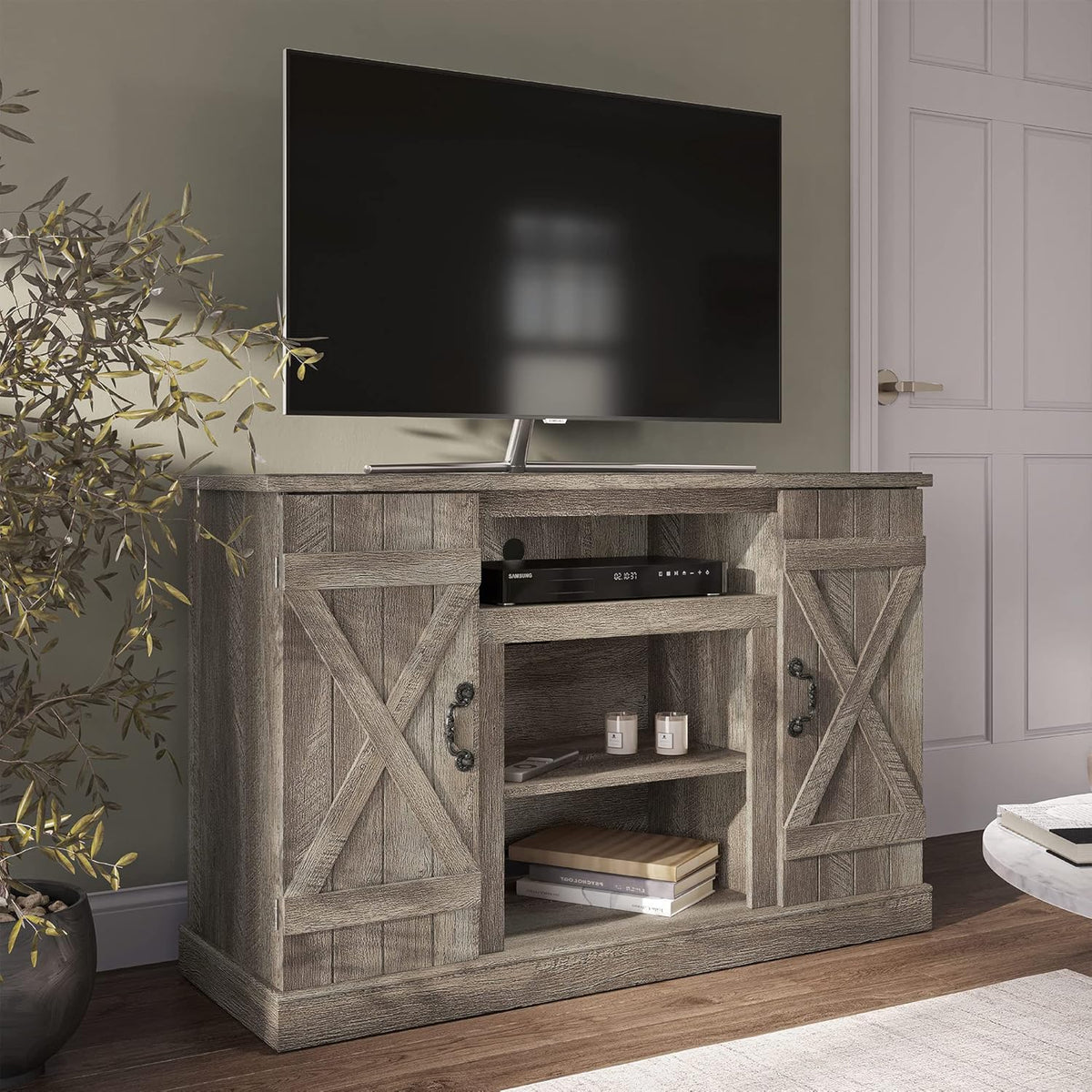 Rustic Wood TV Stand & Media Console Table with Storage Shelves & Cabinets W8308