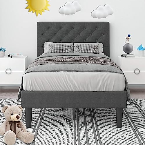 Grey Twin Size Upholstered Platform Bed Frame with Headboard O824938