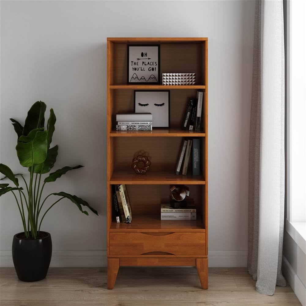 Solid Hardwood Mid-Century Modern Bookcase with Storage in Teak Brown W57458