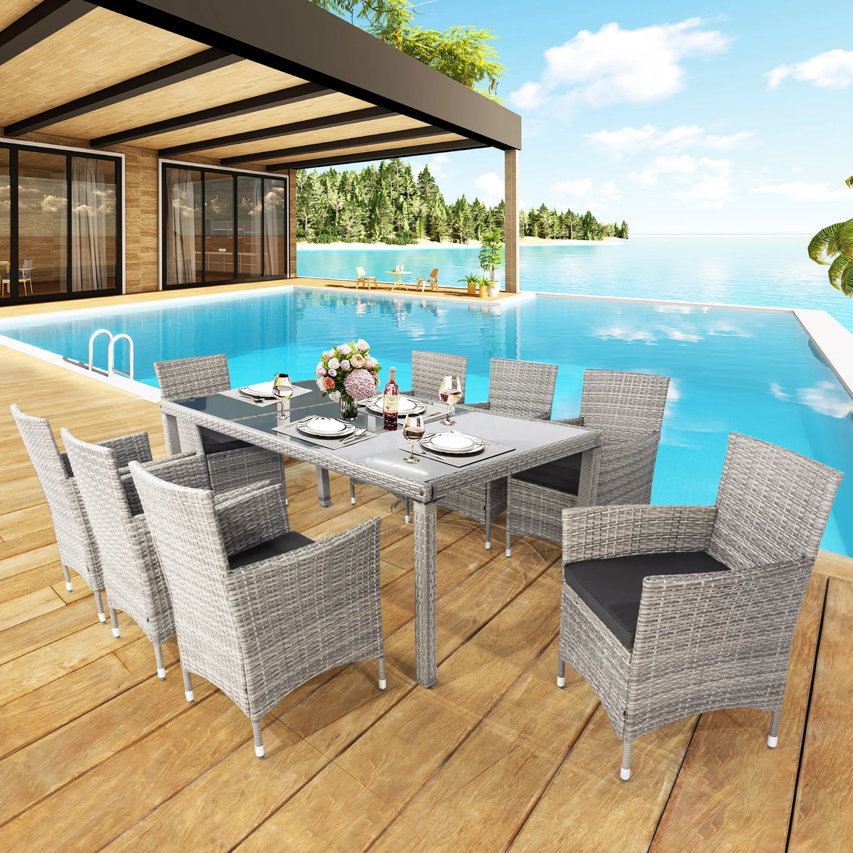 9 Pieces Wicker Outdoor Dining Set with Glass Tabletop and Cushioned Chairs H372307