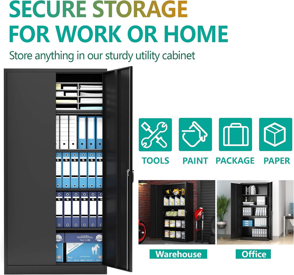 Black Steel Storage Cabinet with 2 Doors and 4 Adjustable Shelves Y334