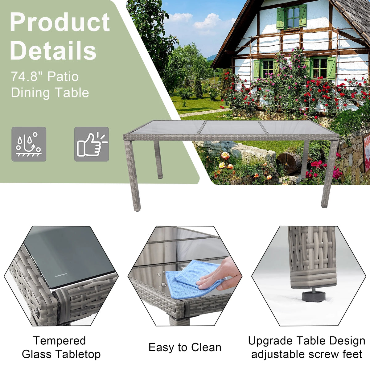 9 Pieces Wicker Outdoor Dining Set with Glass Tabletop and Cushioned Chairs H372307