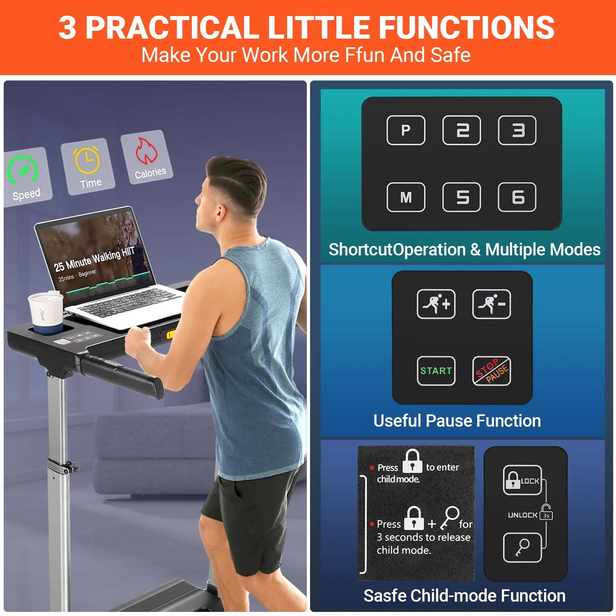 Incline Treadmill with Desk Workstation, 7.5MPH Portable Walking Pad, Black Y901