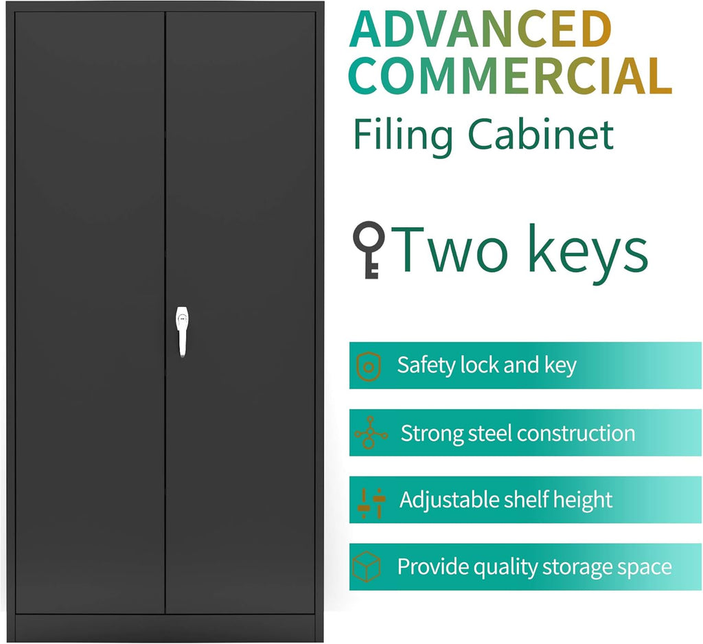 Black Steel Storage Cabinet with 2 Doors and 4 Adjustable Shelves Y334