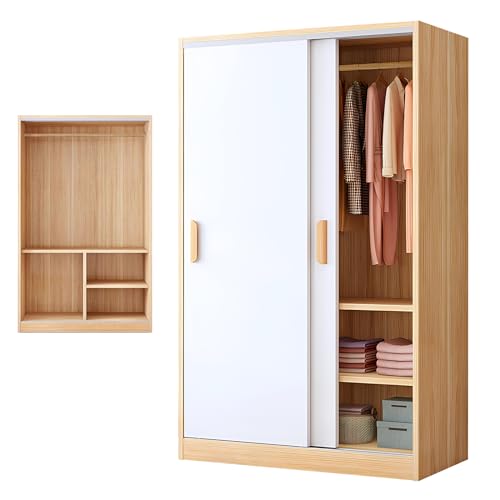 Walnut Freestanding Double Sliding Door Wardrobe with Shelves and Clothing Rods X5903