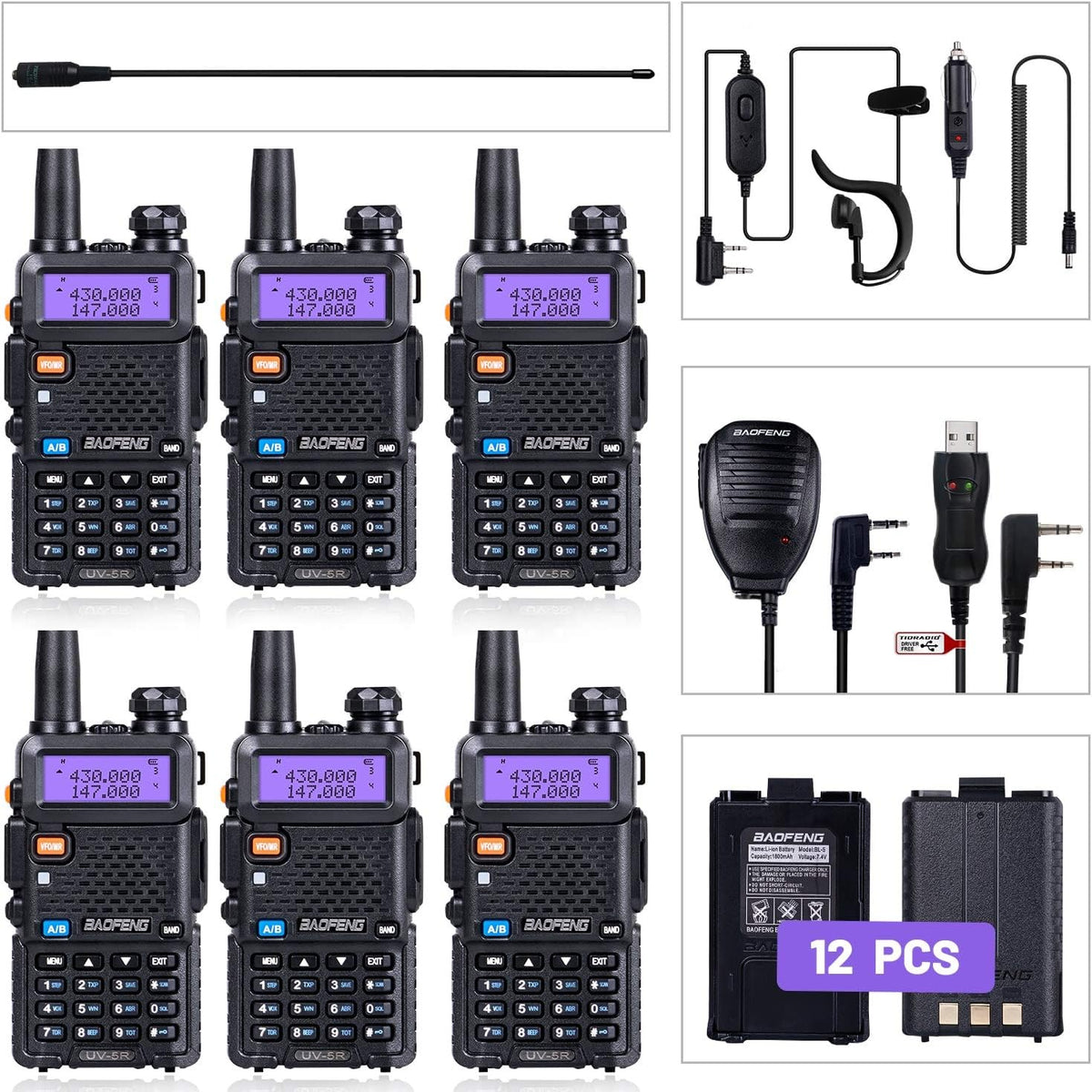 6 Pack Ham Radio with Programming Cable, Antennas, Mics, and Batteries A499202