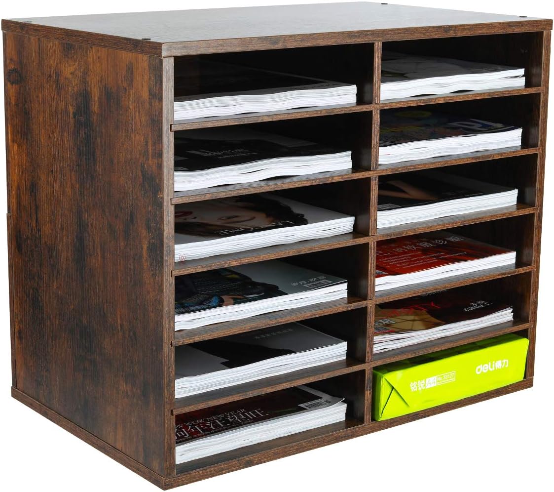12 Compartments Black White Wood Desktop Literature Organizer E850
