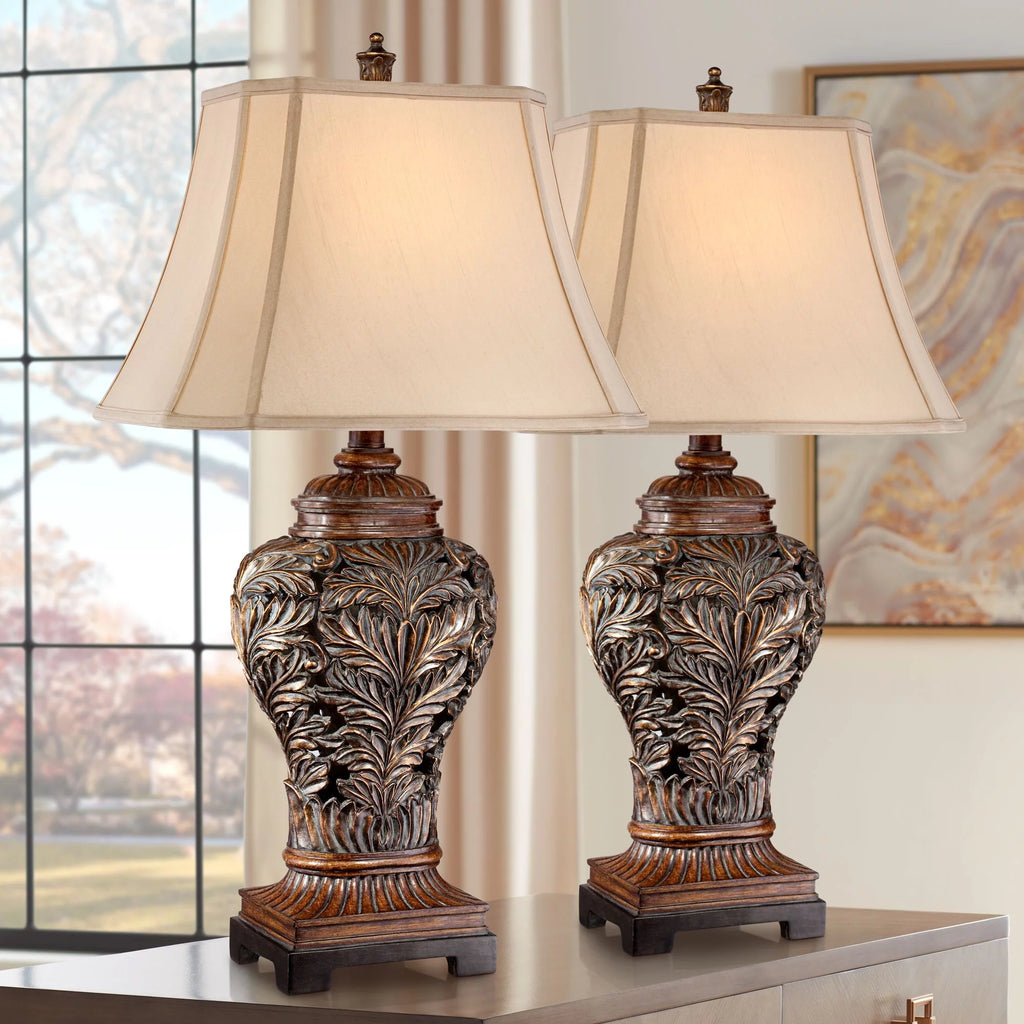 Traditional Table Lamps 32.5" Tall Set of 2 Bronze Tan Rectangular Shade P660