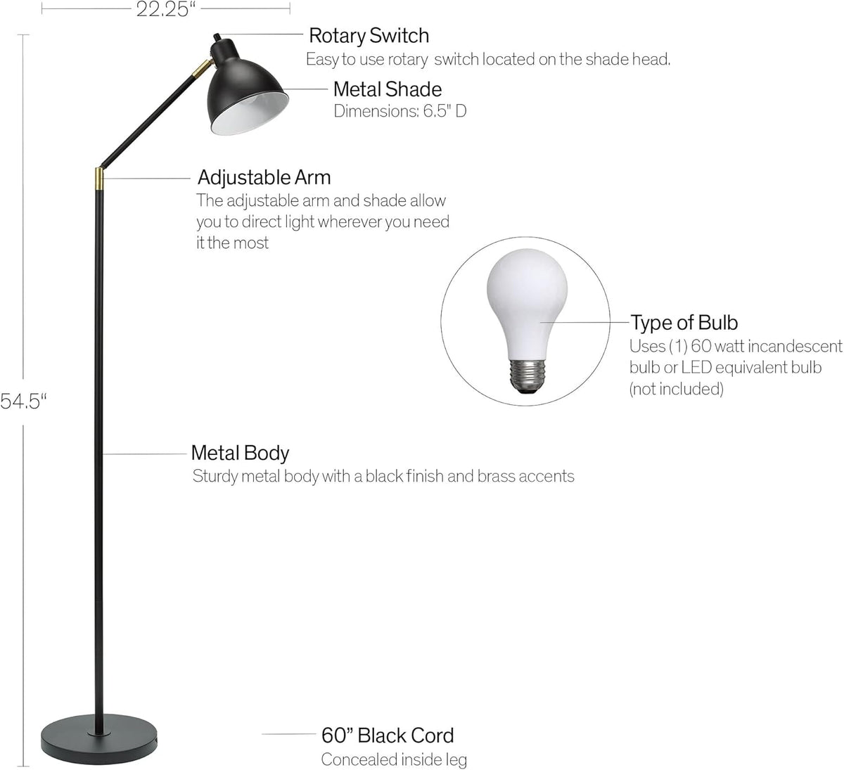 Modern Adjustable Metal Floor Lamp with Brass Accents, Classic Black P94008