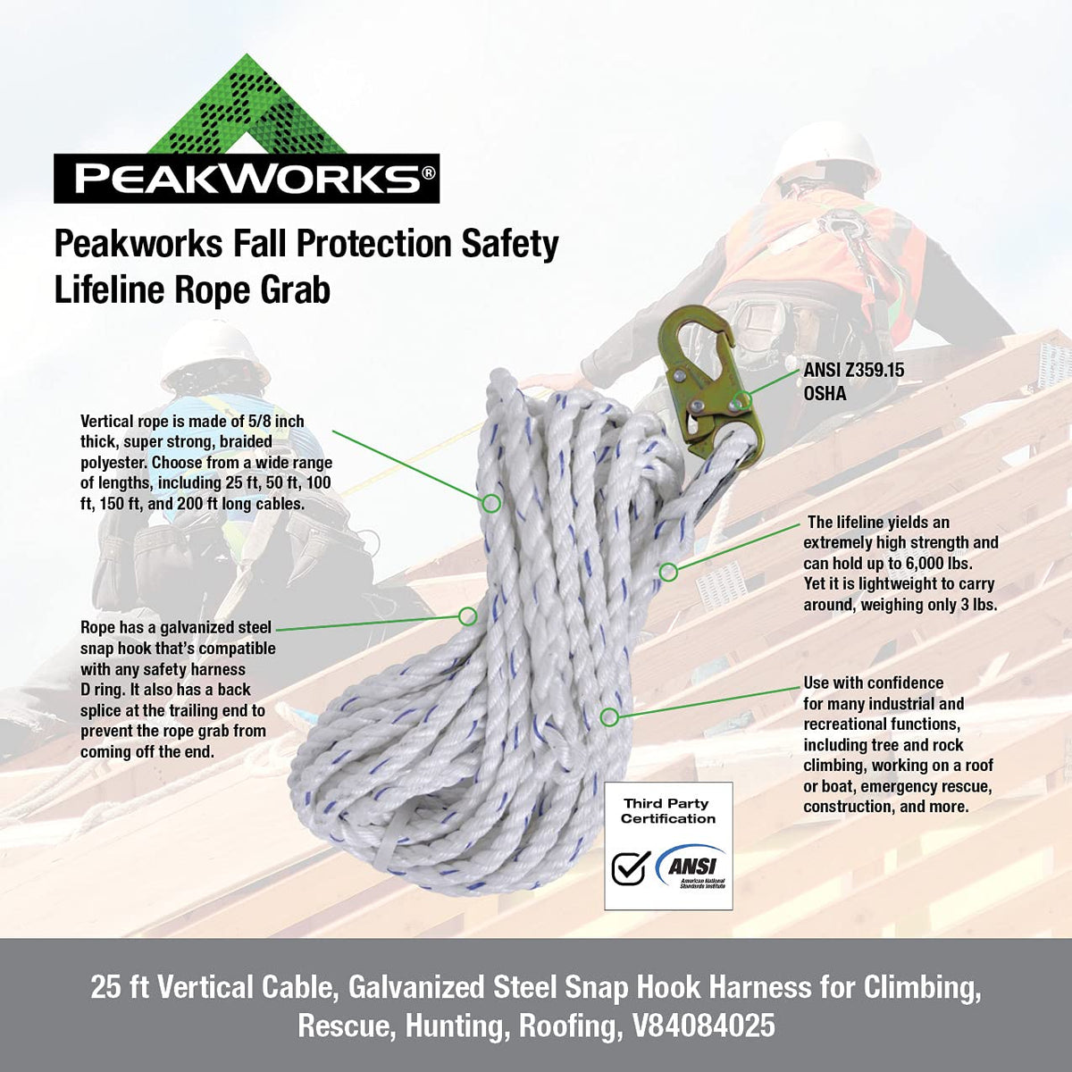 Galvanized Steel Snap Hook Safety Lifeline Rope Grab, 150 ft Vertical Cable O144226