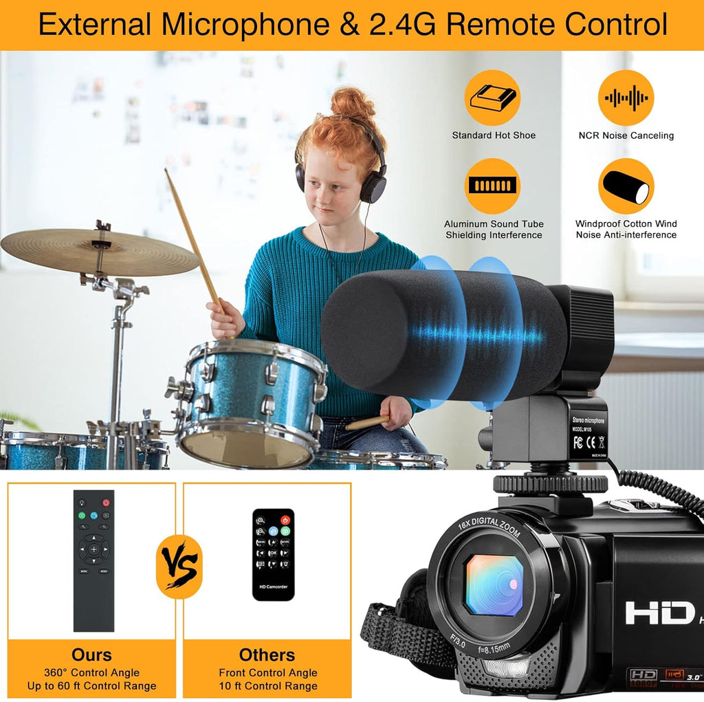 FHD 1080P 30FPS 24MP 3.0 Inch 270° Rotation Screen Video Camera Camcorder with Microphone, Remote Control, 2 Batteries X548
