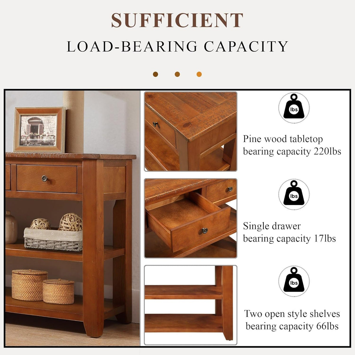 Long Console Table with 3 Storage Drawers and Double Bottom Open Shelves, 50" W x 16" D x 30" H, Brown S490210