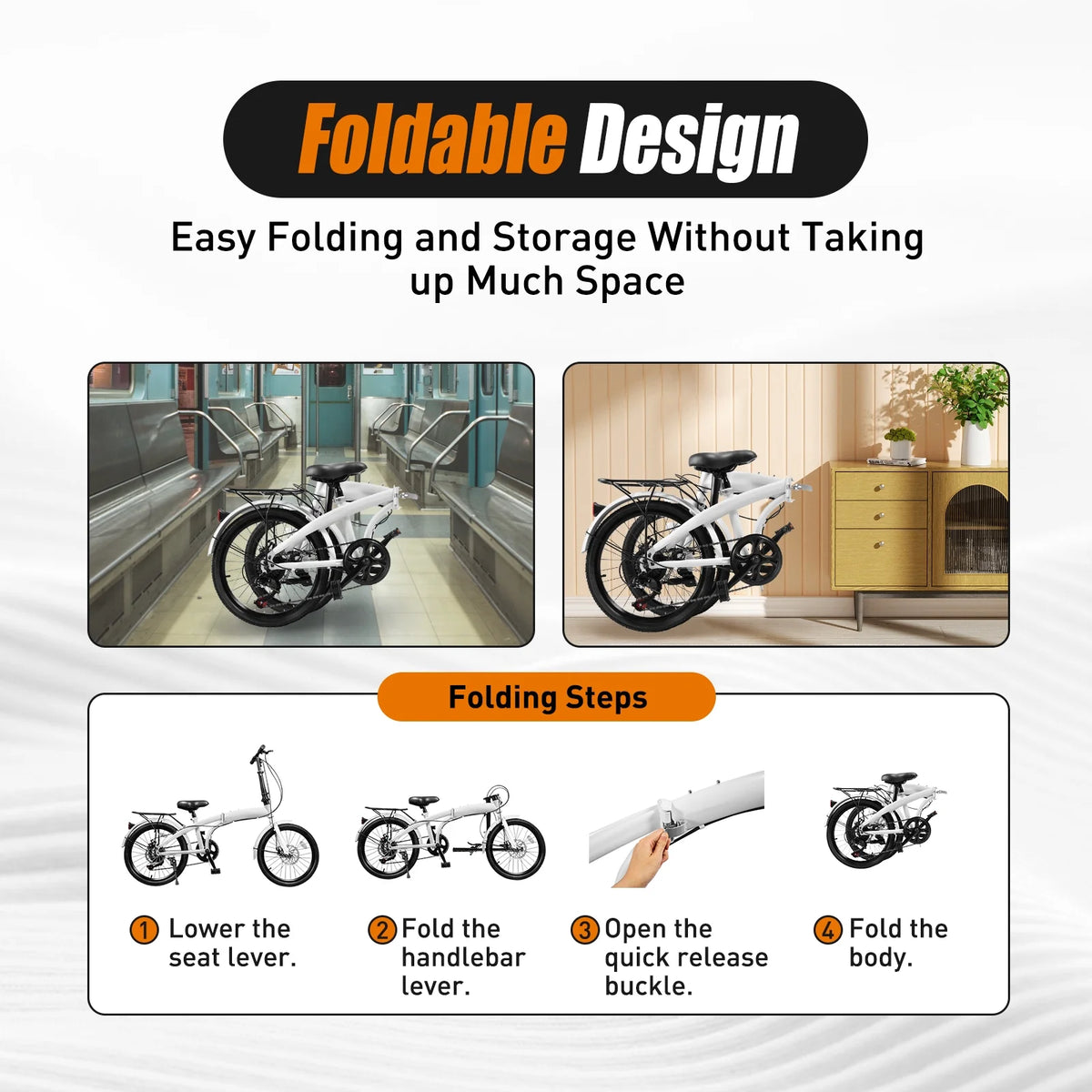 20 inch White Folding Bike with 7-Gear Disc Brakes Aluminum Alloy A8479